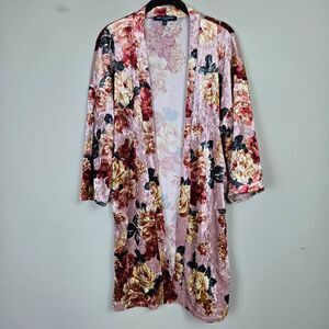 One Clothing Womens Floral Velvet Open Front Cardigan Large Pink Boho Feminine